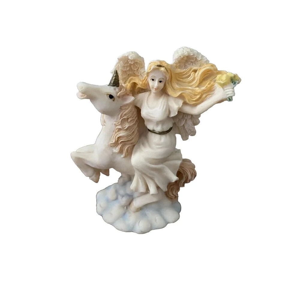 K's Collection - Blonde Angel Riding Unicorn Clouds Whimsical Sculpture